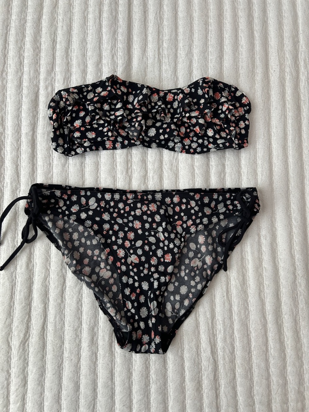 Black Floral Bandeau Bikini Set with Pink & White Accents